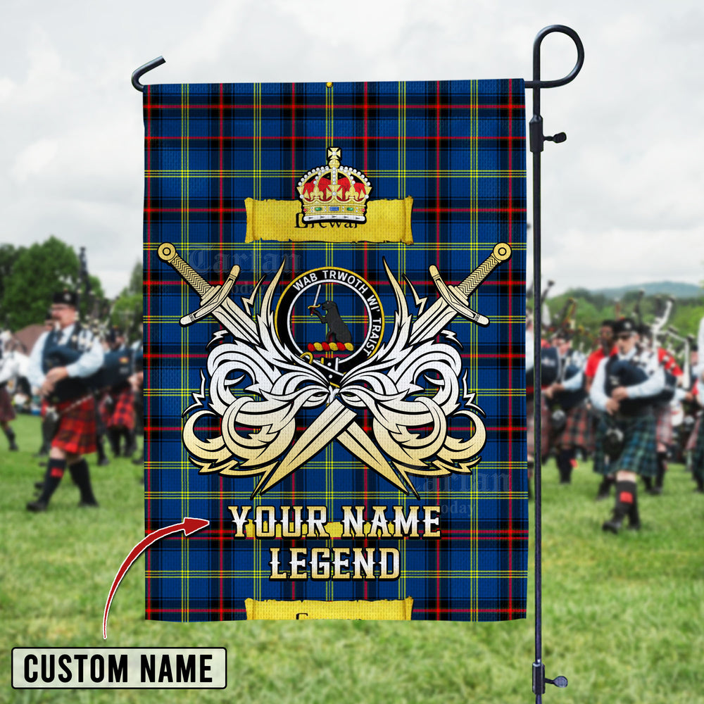 Personalized Custom Name Clan Grewar Tartan Garden Flag with Clan Crest and the Golden Sword of Courageous Legacy HG87 - Grewar Tartan Design, Scottish Heritage Gift