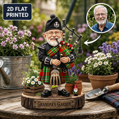 Personalized Grierson Clan Bagpipe Garden Gnome Caricature Plaque Custom Photo, Any Clan Tartan, Wood or Acrylic, Grandpa & Dad Gift, Scottish Highland Garden Decor HT63