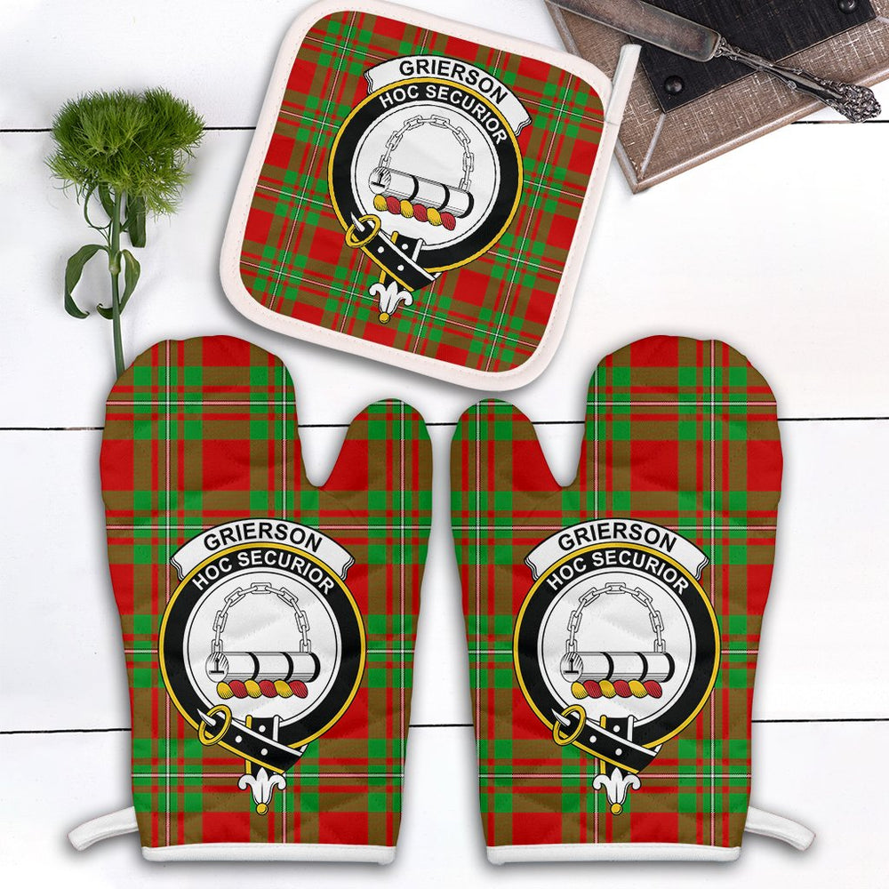 Clan Grierson Tartan Crest Oven Mitt And Pot Holder (2 Oven Mitts + 1 Pot Holder) FV65 Clan Grierson Tartan Today