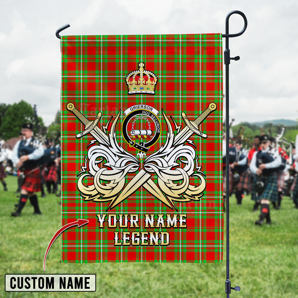 Personalized Custom Name Clan Grierson Tartan Garden Flag with Clan Crest and the Golden Sword of Courageous Legacy PR42 - Grierson Tartan Design, Scottish Heritage Gift