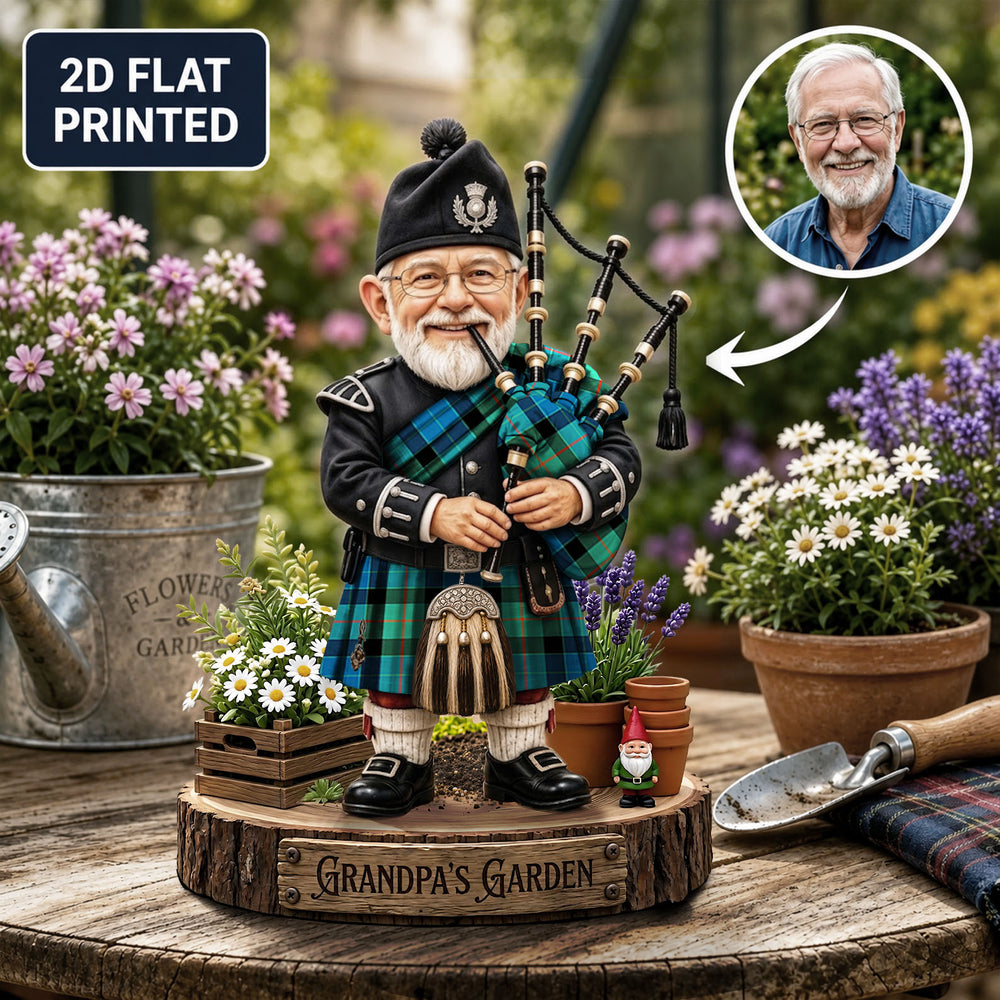 Personalized Gunn Ancient Clan Bagpipe Garden Gnome Caricature Plaque Custom Photo, Any Clan Tartan, Wood or Acrylic, Grandpa & Dad Gift, Scottish Highland Garden Decor GX35