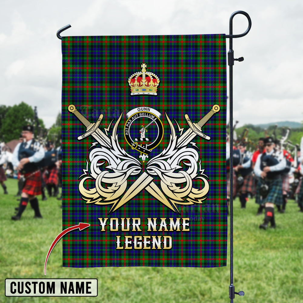 Personalized Custom Name Clan Gunn Tartan Garden Flag with Clan Crest and the Golden Sword of Courageous Legacy YS37 - Gunn Tartan Design, Scottish Heritage Gift