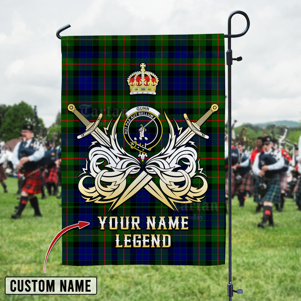 Personalized Custom Name Clan Gunn Modern Tartan Garden Flag with Clan Crest and the Golden Sword of Courageous Legacy SZ40 - Gunn Modern Tartan Design, Scottish Heritage Gift