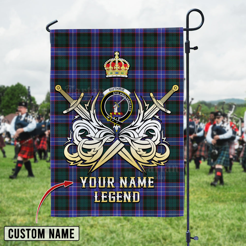 Personalized Custom Name Clan Guthrie Modern Tartan Garden Flag with Clan Crest and the Golden Sword of Courageous Legacy HS25 - Guthrie Modern Tartan Design, Scottish Heritage Gift