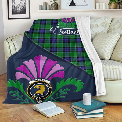 Clan Haldane Tartan Crest Premium Blanket Thistle Style