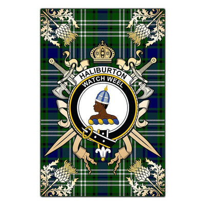 Clan Haliburton Tartan Crest Black Garden Flag - Gold Thistle