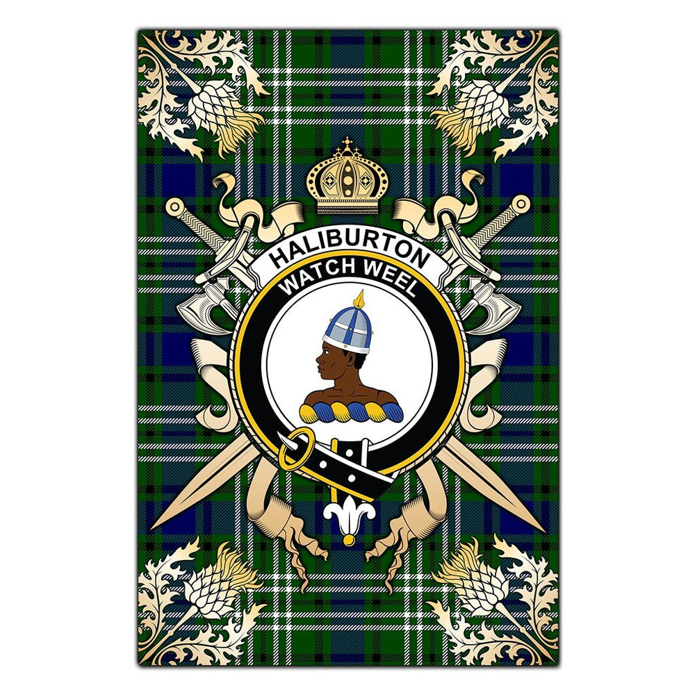 Clan Haliburton Tartan Crest Black Garden Flag - Gold Thistle LG35 Clan Haliburton Tartan Today