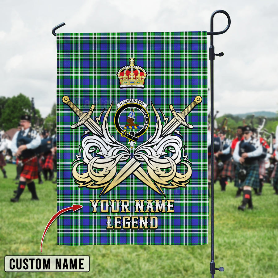 Personalized Custom Name Clan Haliburton Tartan Garden Flag with Clan Crest and the Golden Sword of Courageous Legacy RR61 - Haliburton Tartan Design, Scottish Heritage Gift