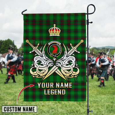 Custom Name Clan Halkerston Tartan Garden Flag with Clan Crest and the Golden Sword of Courageous Legacy