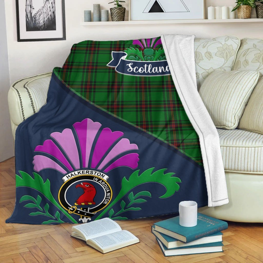 Clan Halkerston Tartan Crest Premium Blanket Thistle Style LD23 Clan Halkerston Tartan Today