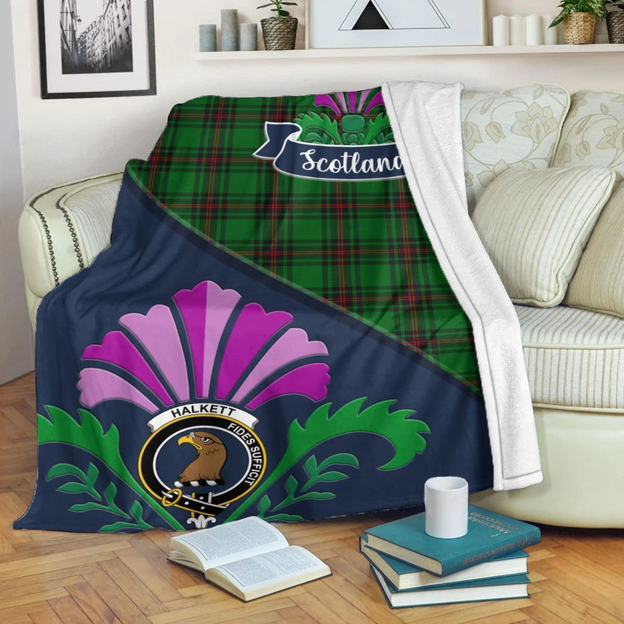 Clan Halkett Tartan Crest Premium Blanket Thistle Style
