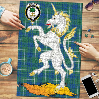 Clan Hamilton Hunting Ancient Tartan Crest Unicorn Scotland Jigsaw Puzzles Gift For Family SV99