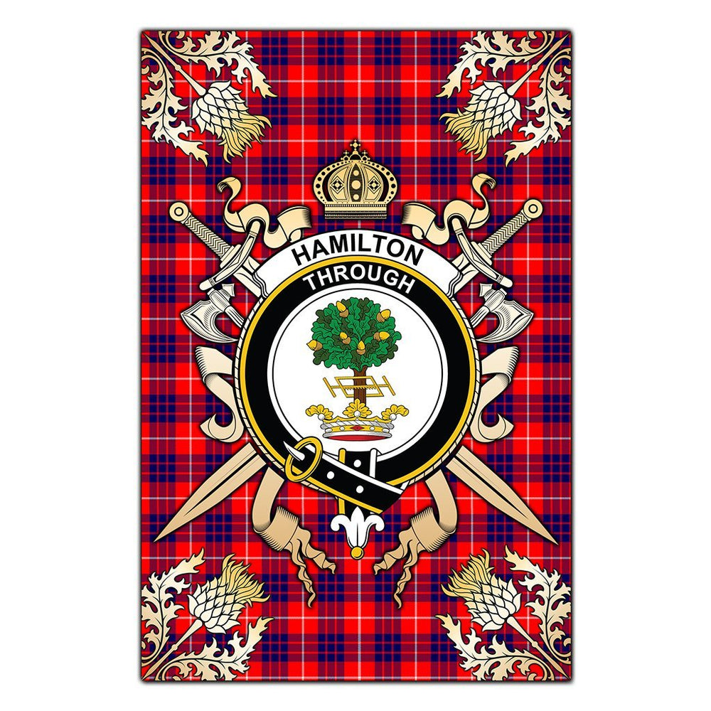 Clan Hamilton Modern Tartan Crest Black Garden Flag - Gold Thistle RO16 Clan Hamilton Tartan Today