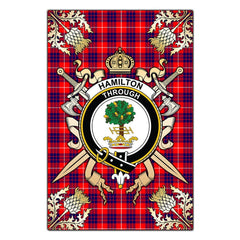 Clan Hamilton Modern Tartan Crest Black Garden Flag - Gold Thistle RO16 Clan Hamilton Tartan Today
