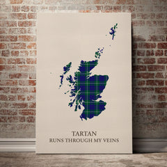 Hamilton Hunting Modern Tartan Scotland Map Canvas – “Tartan Runs Through My Veins” Wall Art