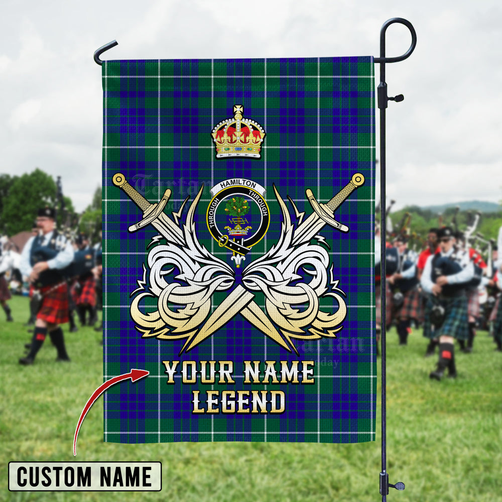 Personalized Custom Name Clan Hamilton Hunting Modern Tartan Garden Flag with Clan Crest and the Golden Sword of Courageous Legacy TF38 - Hamilton Hunting Modern Tartan Design, Scottish Heritage Gift
