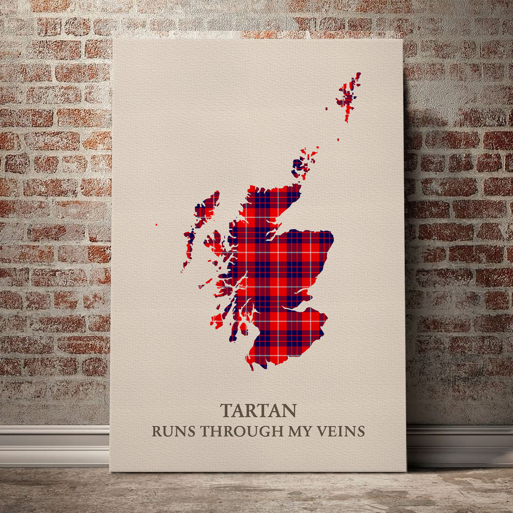 Hamilton Modern Tartan Scotland Map Canvas – “Tartan Runs Through My Veins” Wall Art