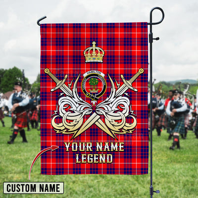 Custom Name Clan Hamilton Modern Tartan Garden Flag with Clan Crest and the Golden Sword of Courageous Legacy LX98
