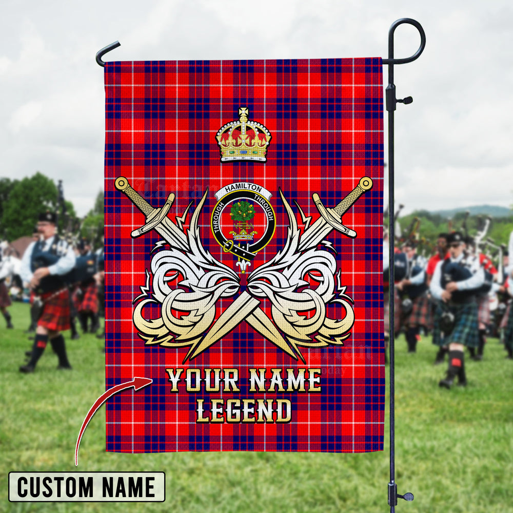 Personalized Custom Name Clan Hamilton Modern Tartan Garden Flag with Clan Crest and the Golden Sword of Courageous Legacy LX98 - Hamilton Modern Tartan Design, Scottish Heritage Gift