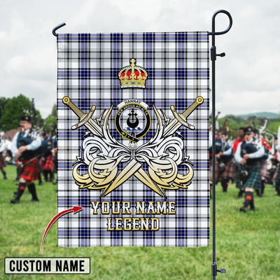 Custom Name Clan Hannay Tartan Garden Flag with Clan Crest and the Golden Sword of Courageous Legacy IS92