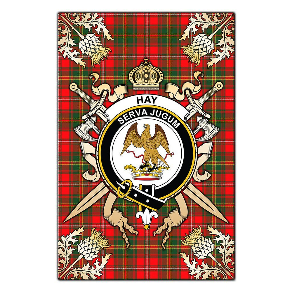 Clan Hay Modern Tartan Crest Black Garden Flag - Gold Thistle IX85 Clan Hay Tartan Today