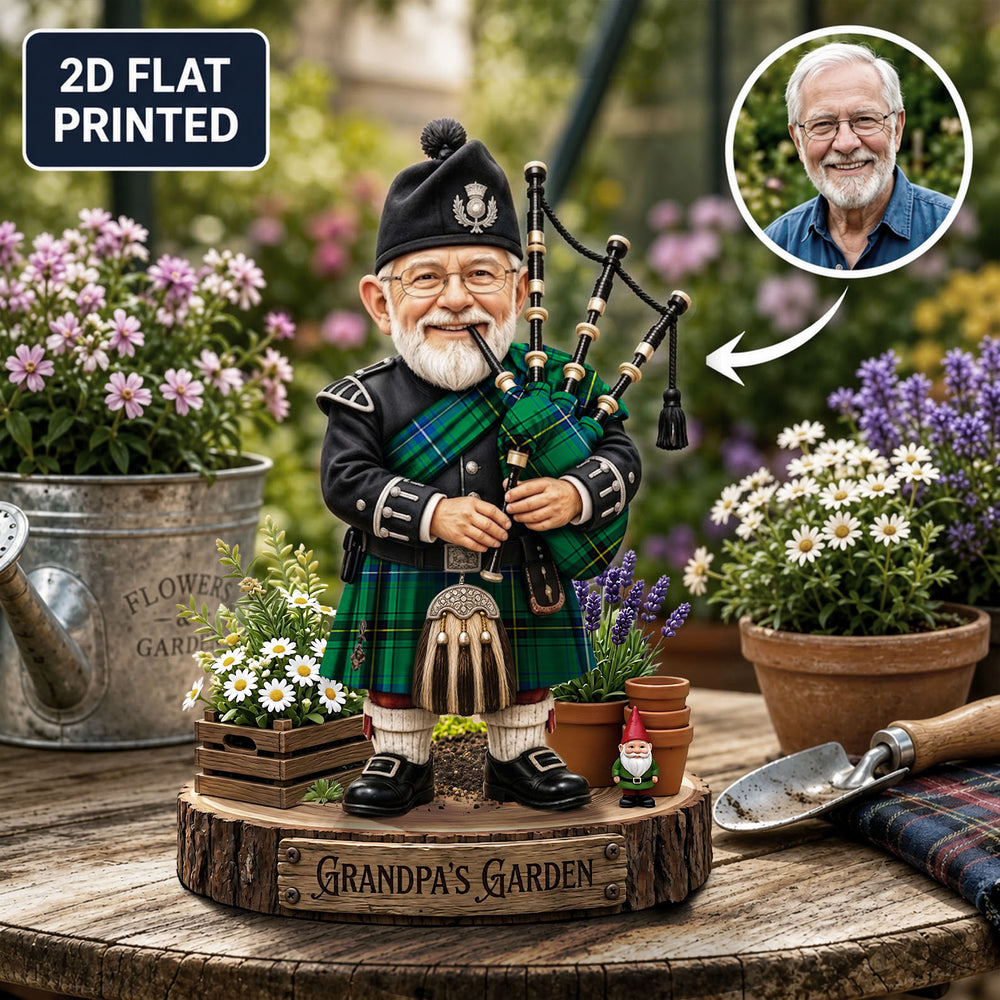 Personalized Henderson Ancient Clan Bagpipe Garden Gnome Caricature Plaque Custom Photo, Any Clan Tartan, Wood or Acrylic, Grandpa & Dad Gift, Scottish Highland Garden Decor AG96