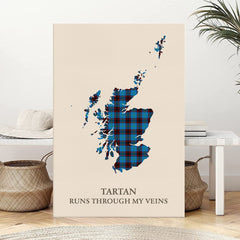 Clan Home Ancient Tartan Scotland Map Canvas “Tartan Runs Through My Veins” Wall Art UG15
