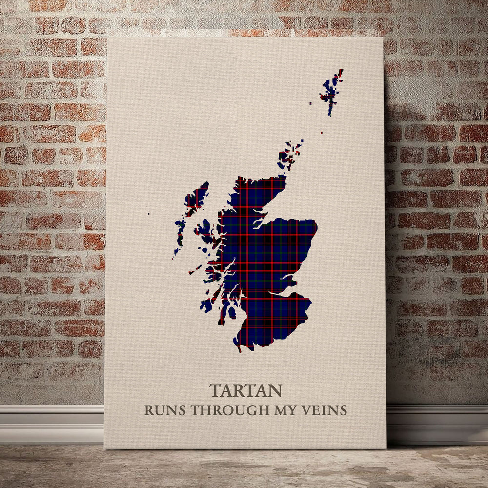 Home Modern Tartan Scotland Map Canvas – “Tartan Runs Through My Veins” Wall Art