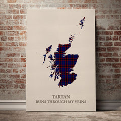 Home Modern Tartan Scotland Map Canvas – “Tartan Runs Through My Veins” Wall Art