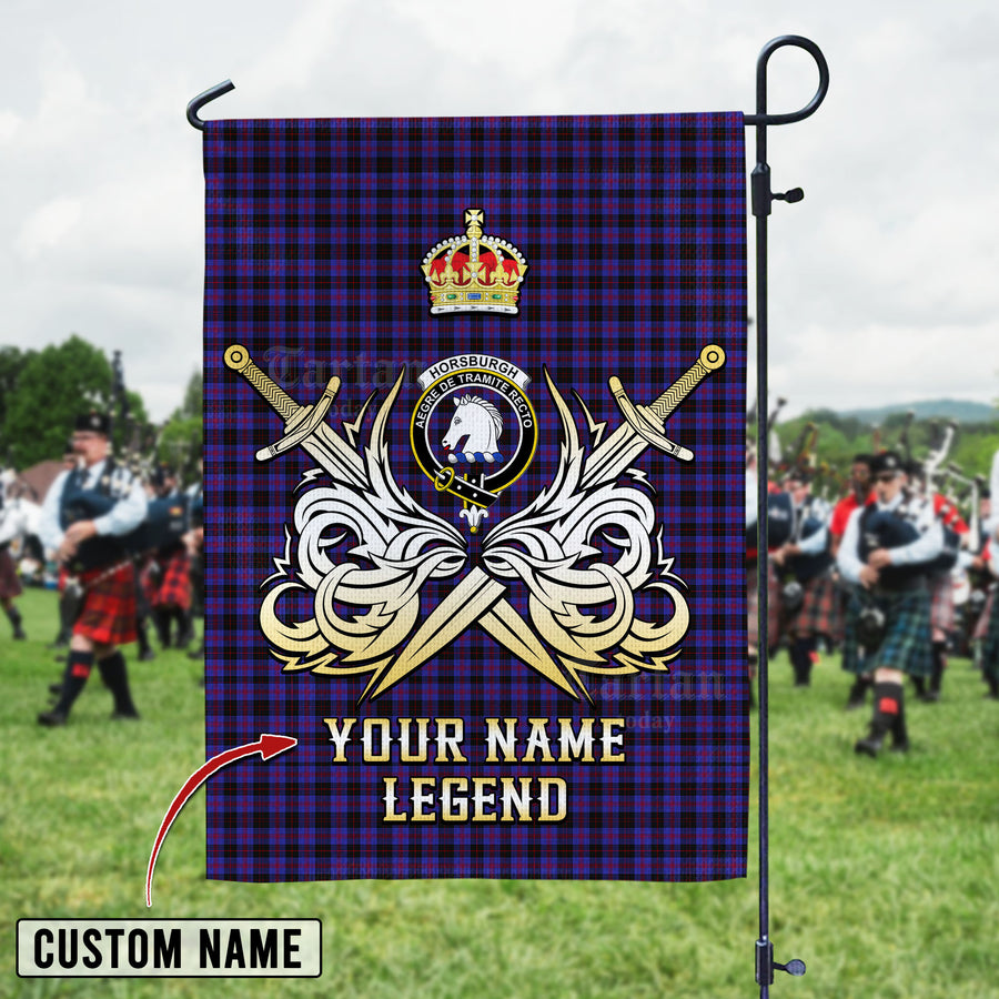 Personalized Custom Name Clan Horsburgh Tartan Garden Flag with Clan Crest and the Golden Sword of Courageous Legacy WK25 - Horsburgh Tartan Design, Scottish Heritage Gift