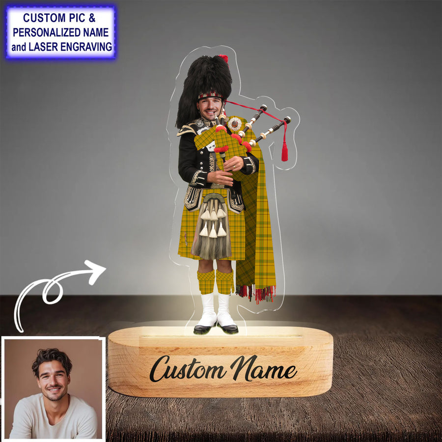 Custom Bagpipe Houston Tartan LED Night Light - Personalized Scottish Bagpiper Figurine with Wooden Stand