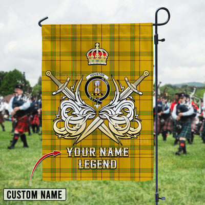 Custom Name Clan Houston Tartan Garden Flag with Clan Crest and the Golden Sword of Courageous Legacy