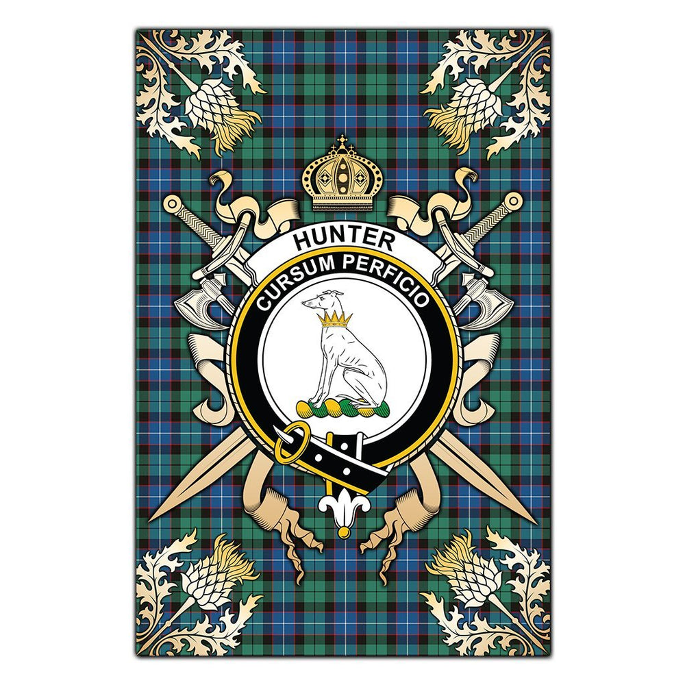 Clan Hunter Ancient Tartan Crest Black Garden Flag - Gold Thistle PX67 Clan Hunter Tartan Today