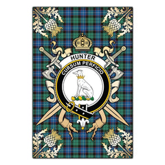 Clan Hunter Ancient Tartan Crest Black Garden Flag - Gold Thistle PX67 Clan Hunter Tartan Today