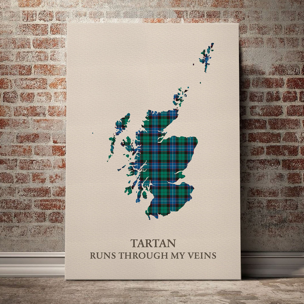 Hunter Ancient Tartan Scotland Map Canvas – “Tartan Runs Through My Veins” Wall Art