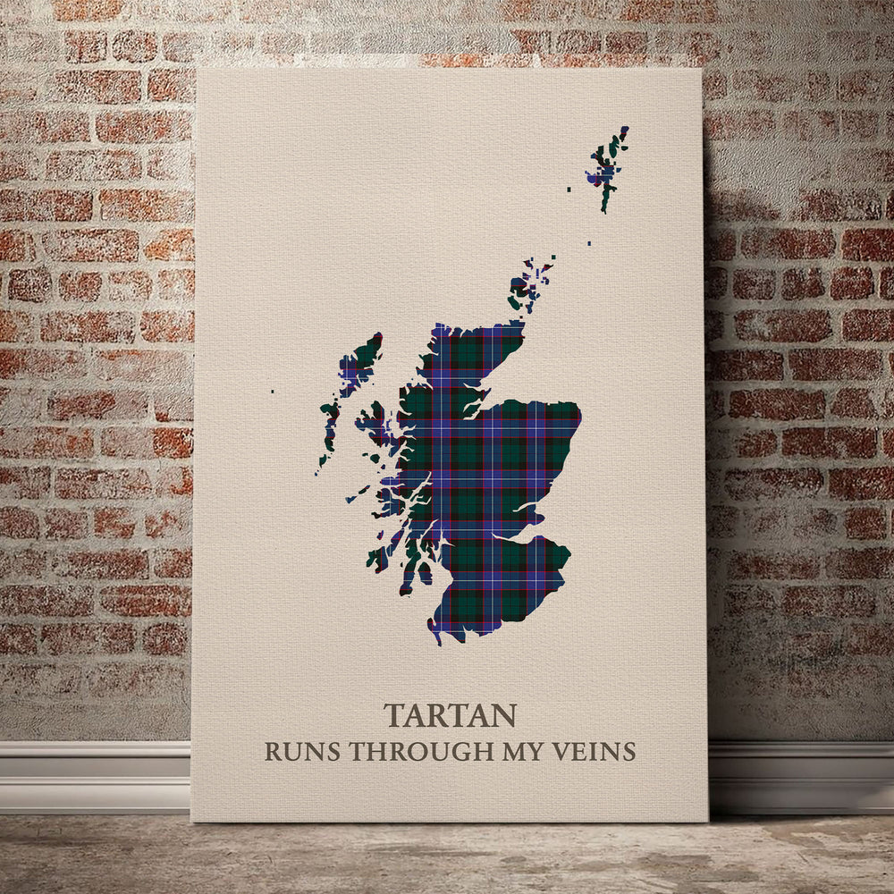 Hunter Modern Tartan Scotland Map Canvas – “Tartan Runs Through My Veins” Wall Art
