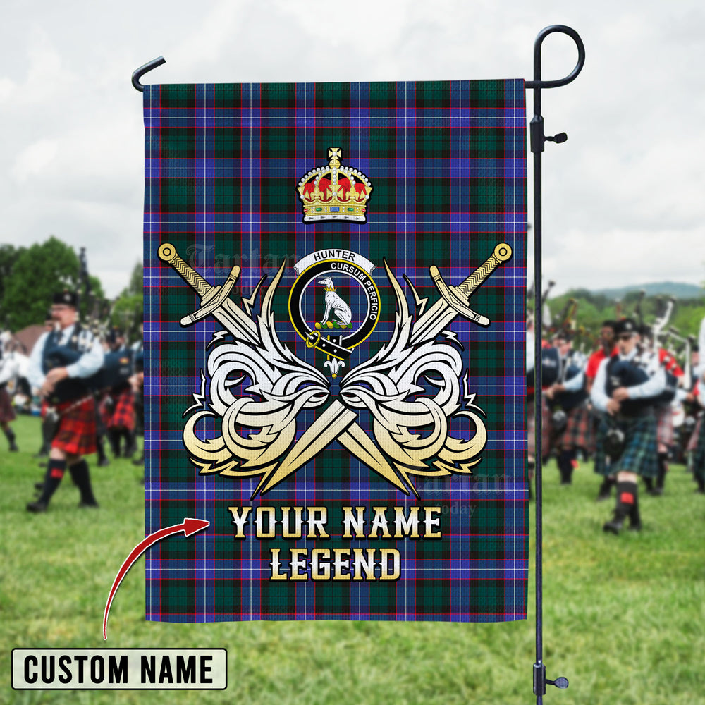 Personalized Custom Name Clan Hunter Modern Tartan Garden Flag with Clan Crest and the Golden Sword of Courageous Legacy EC49 - Hunter Modern Tartan Design, Scottish Heritage Gift