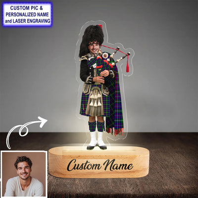 Custom Bagpipe Inglis Modern Tartan LED Night Light - Personalized Scottish Bagpiper Figurine with Wooden Stand