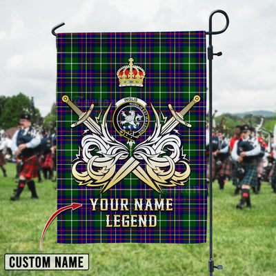 Custom Name Clan Inglis Modern Tartan Garden Flag with Clan Crest and the Golden Sword of Courageous Legacy