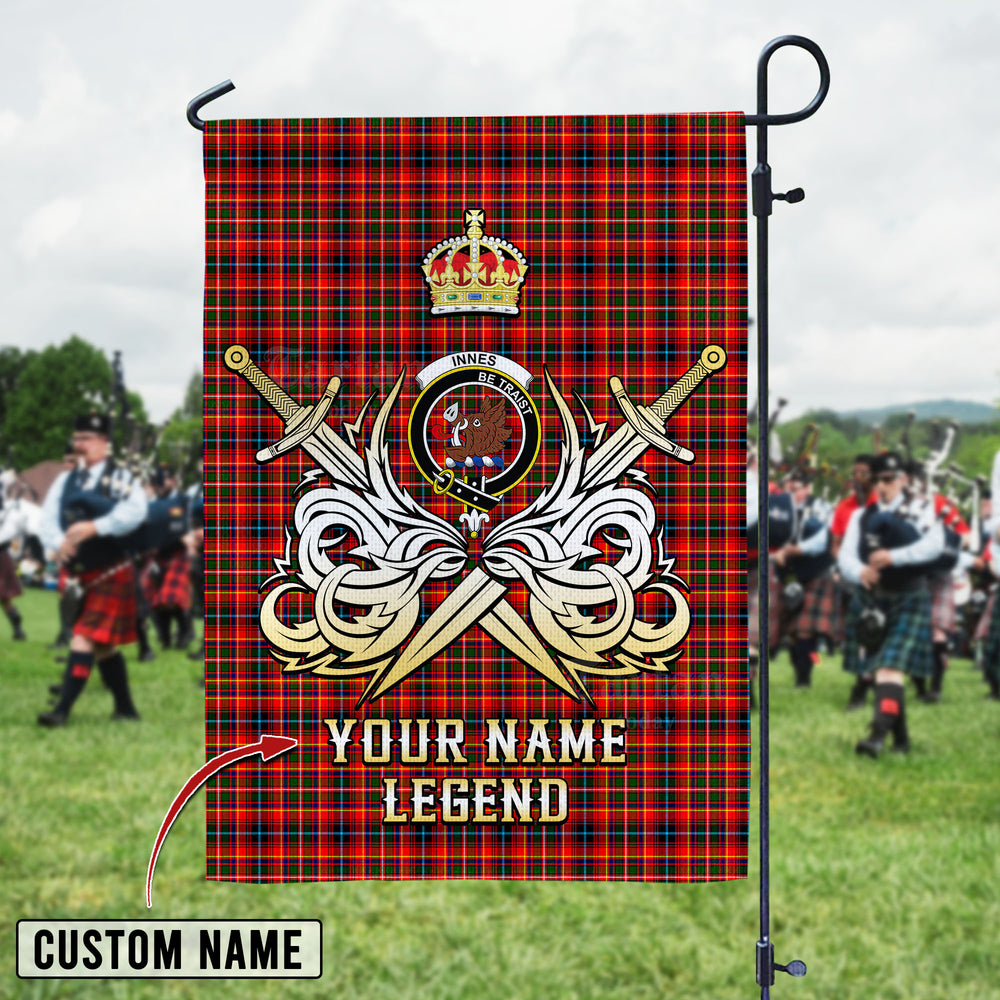 Personalized Custom Name Clan Innes Modern Tartan Garden Flag with Clan Crest and the Golden Sword of Courageous Legacy UB47 - Innes Modern Tartan Design, Scottish Heritage Gift