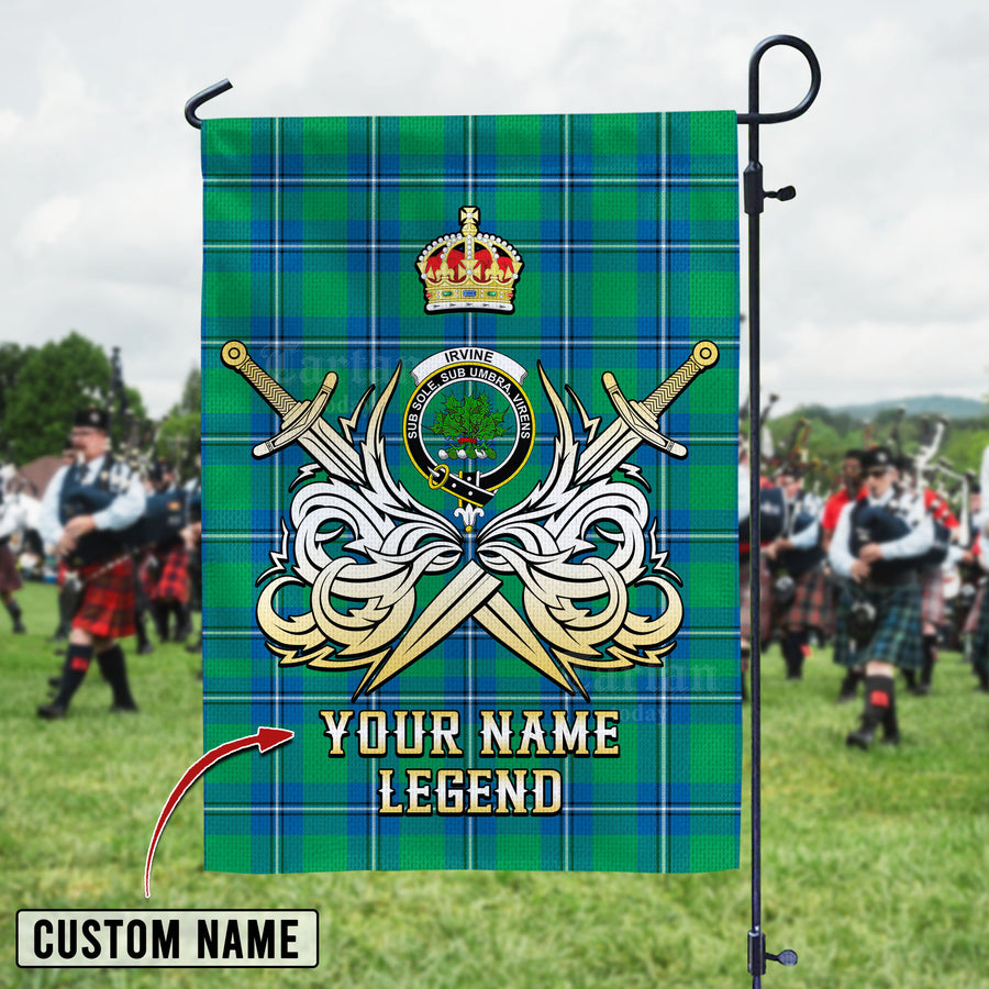 Personalized Custom Name Clan Irvine Ancient Tartan Garden Flag with Clan Crest and the Golden Sword of Courageous Legacy ZE43 - Irvine Ancient Tartan Design, Scottish Heritage Gift