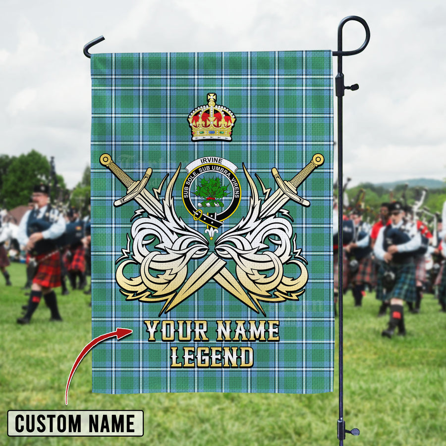 Personalized Custom Name Clan Irvine Tartan Garden Flag with Clan Crest and the Golden Sword of Courageous Legacy ZO75 - Irvine Tartan Design, Scottish Heritage Gift