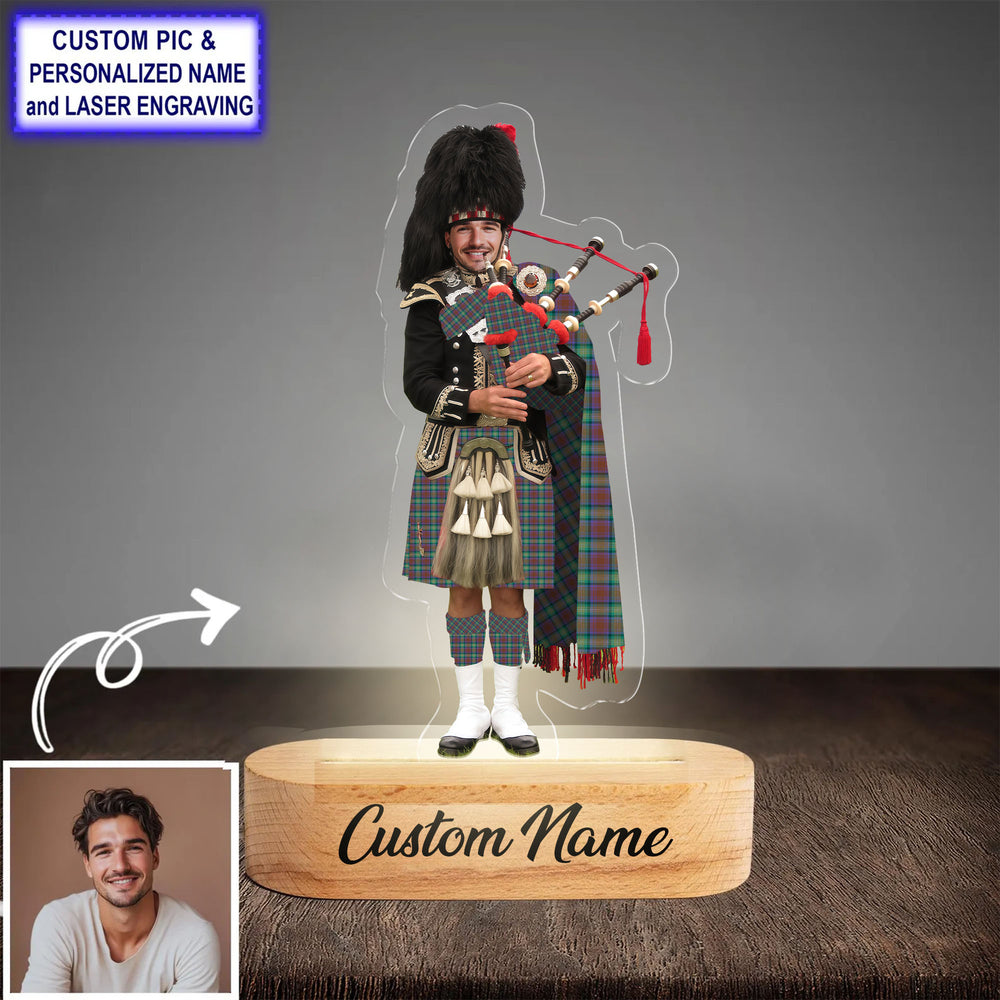 Custom Bagpipe Isle of Skye Tartan LED Night Light - Personalized Scottish Bagpiper Figurine with Wooden Stand