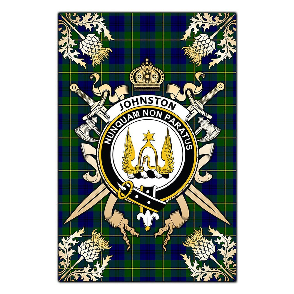 Clan Johnston Modern Tartan Crest Black Garden Flag - Gold Thistle BL95 Clan Johnston Tartan Today