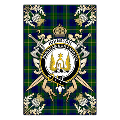 Clan Johnston Modern Tartan Crest Black Garden Flag - Gold Thistle BL95 Clan Johnston Tartan Today
