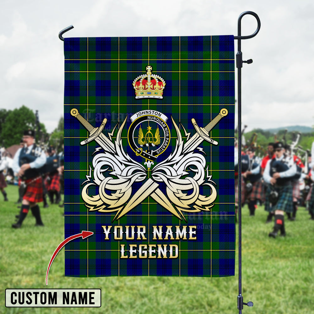 Personalized Custom Name Clan Johnston Modern Tartan Garden Flag with Clan Crest and the Golden Sword of Courageous Legacy ME78 - Johnston Modern Tartan Design, Scottish Heritage Gift