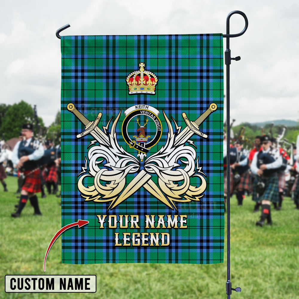 Personalized Custom Name Clan Keith Ancient Tartan Garden Flag with Clan Crest and the Golden Sword of Courageous Legacy QP98 - Keith Ancient Tartan Design, Scottish Heritage Gift