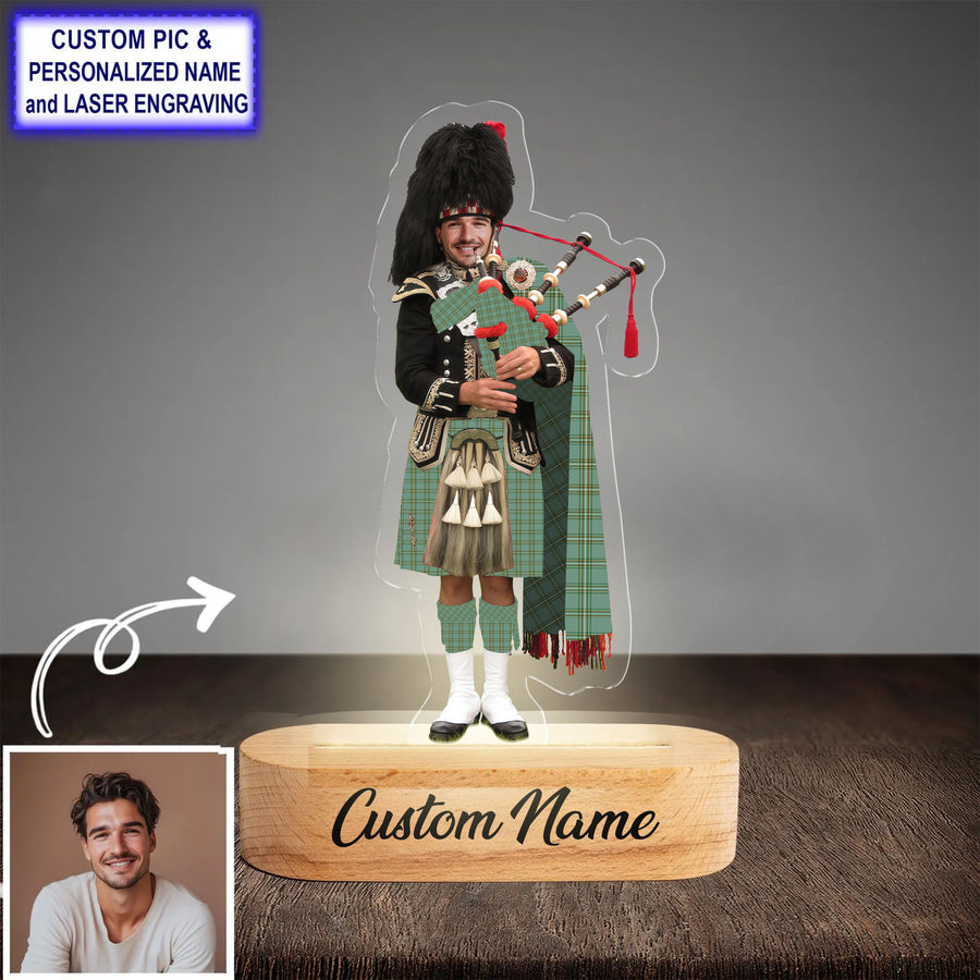Custom Bagpipe Kelly Dress Tartan LED Night Light - Personalized Scottish Bagpiper Figurine with Wooden Stand