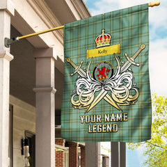Custom Name Clan Kelly Dress Tartan Garden Flag with Clan Crest and the Golden Sword of Courageous Legacy AS65