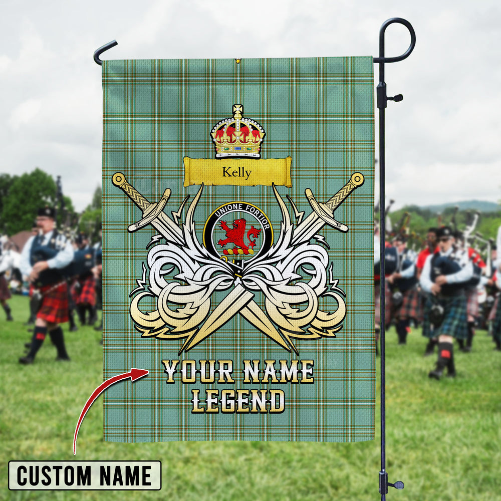 Personalized Custom Name Clan Kelly Dress Tartan Garden Flag with Clan Crest and the Golden Sword of Courageous Legacy AS65 - Kelly Dress Tartan Design, Scottish Heritage Gift